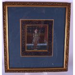 AN EARLY 20TH CENTURY PERSIAN FRAMED ILLUMINATED MANUSCRIPT, depicting a standing figure. 13.5 cm x