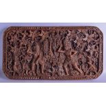 A FINE LARGE 19TH CENTURY INDIAN BURMESE CARVED WOOD PANEL depicting figures in various pursuits. 72