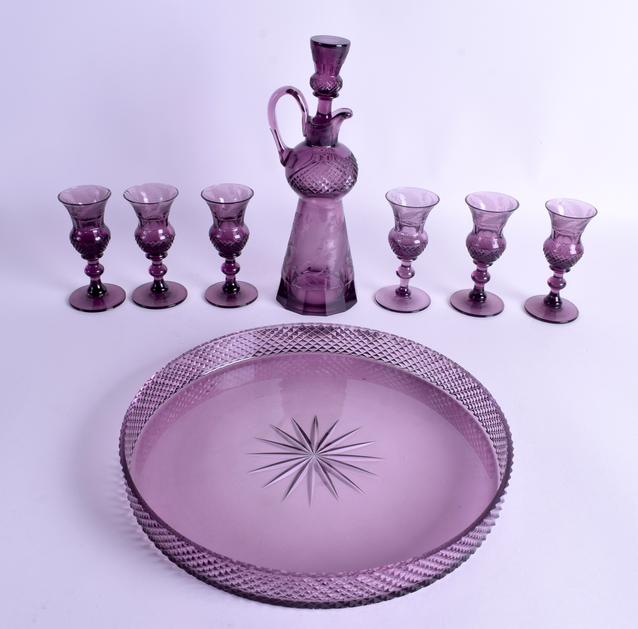 AN UNUSUAL VICTORIAN SCOTTISH AMETHYST GLASS LIQUIOR SET comprising of decanter, six glasses & tray - Image 2 of 2