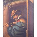 GERMAN SCHOOL (19th century) FRAMED OIL ON PANEL, a male holding a pipe and stein in a doorway. 24.5