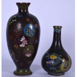 A JAPANESE MEIJI PERIOD CLOISONNE ENAMEL VASE, together with a similar vase decorated with a dragon