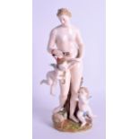 A GOOD 19TH CENTURY MEISSEN PORCELAIN FIGURE OF A STANDING NUDE FEMALE modelled beside two putti upo