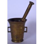 AN 18TH CENTURY BRONZE PESTLE AND MORTAR, formed with squared loop handles. 11 cm wide.