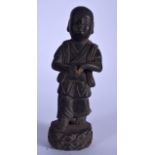 A CHINESE BRONZE STATUE OR BUDDHA IN THE FORM OF A STANDING BOY, modelled standing upon a lotus pod