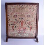 A GOOD EARLY 19TH CENTURY EMBROIDERED SAMPLER FIRE SCREEN by Sarah Sykes Aged 12 Years 1828, decorat