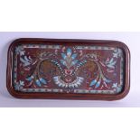 A VICTORIAN MAHOGANY AND BEAD WORK EMBROIDERED TRAY decorated with floral swags and vines. 54 cm x 2