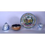 A 19TH CENTURY MASONS POTTERY DISH, together with a blue and white inkwell etc. (4)