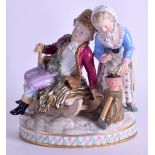 A 19TH CENTURY MEISSEN PORCELAIN FIGURE OF A BOY AND GIRL modelled upon chopped logs. 15 cm x 12 cm.