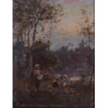 SCOTTISH SCHOOL (Early 20th century), framed oil on canvas, impressionist figures beside a lake in a