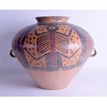 AN UNUSUAL CHINESE TWIN HANDLED TERRACOTTA POTTERY VASE possibly Neolithic Period, painted with figu