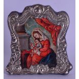 AN 18TH/19TH CENTURY CONTINENTAL FRAMED OIL PAINTINGS depicting a mother and child. 11 cm x 11.5 cm.