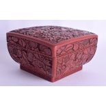 A GOOD CHINESE QING DYNASTY CARVED CINNABAR LACQUER BOX AND COVER decorated with birds and flowering