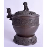 A 19TH CENTURY CHINESE BRONZE CENSER AND COVER with stand, bearing Xuande marks to base, decorated w