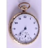 AN ANTIQUE 9CT GOLD POCKET WATCH with black numerals. 78.1 grams overall. 4.5 cm wide.