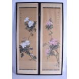 A PAIR OF FRAMED EARLY 20TH CENTURY CHINESE SILK PANELS painted with flowers. Image 72 cm x 20 cm.