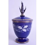 AN EARLY 20TH CENTURY BLUE OPALINE GLASS BOWL AND COVER enamelled with scrolling blue foliage. 19 cm