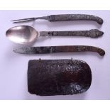 A RARE EARLY 18TH CENTURY CONTINENTAL FOLDING STEEL KNIFE FORK & SPOON within a fitted leather case,