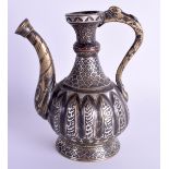 AN 18TH/19TH CENTURY SILVER INLAID BRONZE AND COPPER EWER decorated with script and foliage. 15 cm h