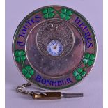 A FRENCH SILVER A TOUTES HEURES BONHEUR ENAMEL DESK CLOCK. 6 cm wide.