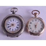 TWO SILVER FOB WATCHES. 3.5 cm & 3 cm wide. (2)