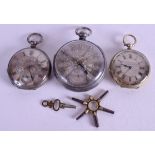 THREE SILVER AND GOLD POCKET WATCHES. Largest 5.25 cm wide. (3)