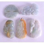 FIVE CHINESE CARVED JADEITE PENDANTS. (5)