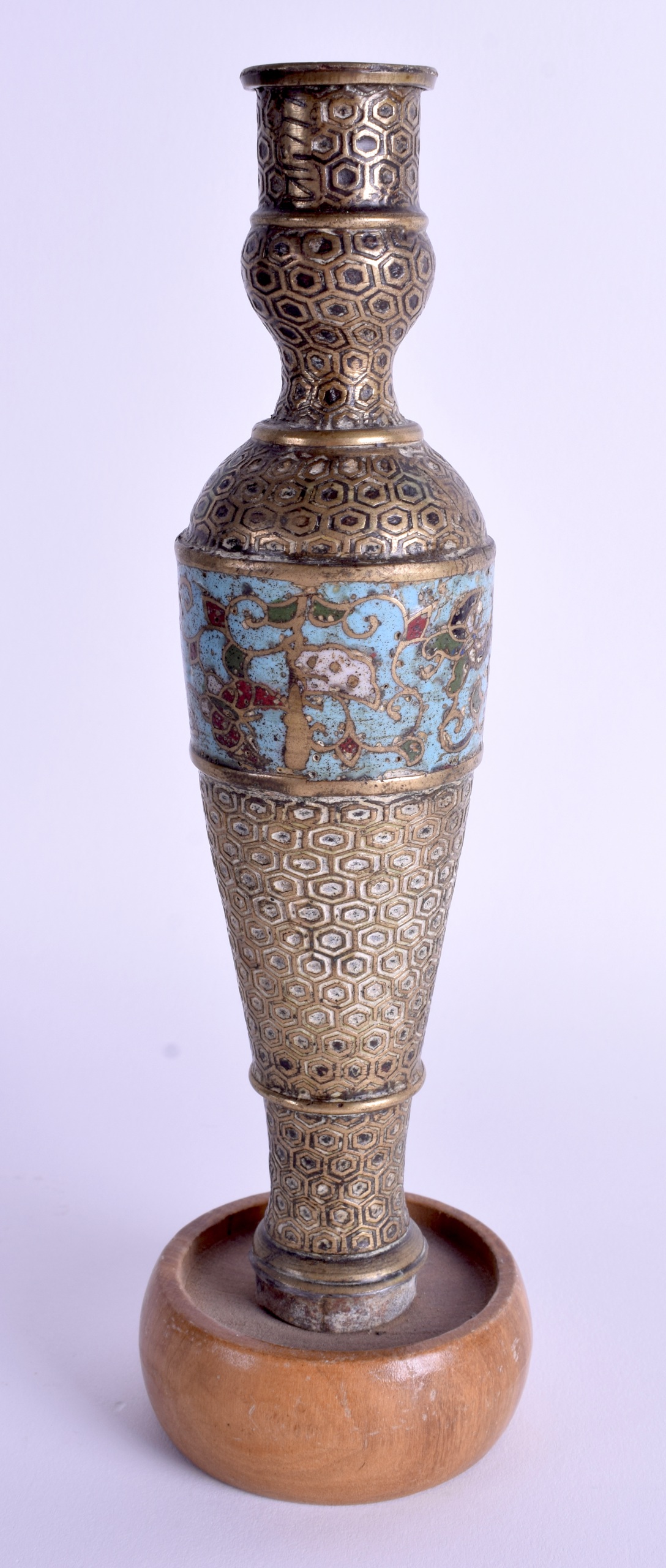 A 19TH CENTURY CHINESE CLOISONNE ENAMEL CANDLESTICK. 23 cm high.