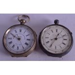 TWO SILVER CHRONOGRAPH POCKET WATCHES. 5.5 cm wide. (2)