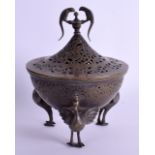 A 19TH CENTURY INDIAN BRASS CENSER AND COVER decorated with foliage. 14 cm x 18 cm.