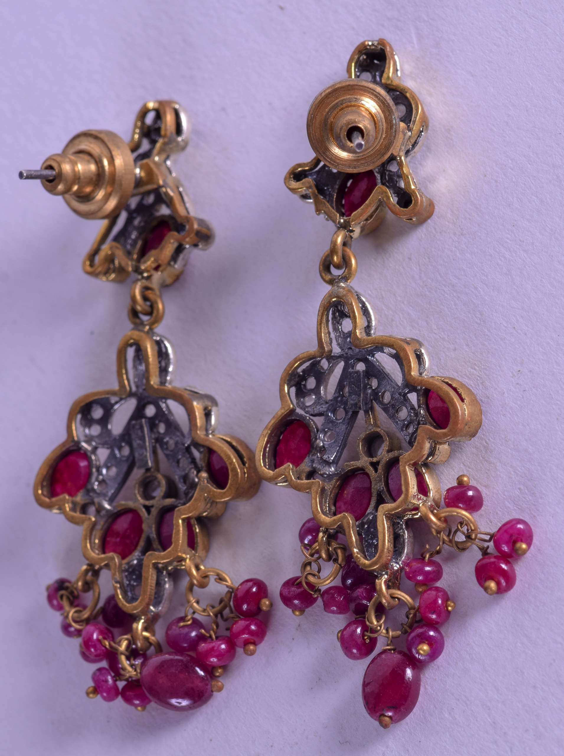 A PAIR OF SILVER GILT AND RUBY EARRINGS. 18.6 grams. - Image 2 of 2