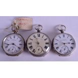 THREE SILVER POCKET WATCHES. 5 cm wide. (3)