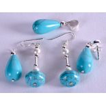 TWO PAIRS OF SILVER AND TURQUOISE EARRINGS with matching pendant. (5)