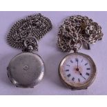 TWO SILVER GOB WATCHES with chains. 3.75 cm wide. (2)