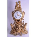 A LARGE 19TH CENTURY FRENCH GILT BRONZE MANTEL CLOCK formed with putti holding floral wreaths. 80 cm