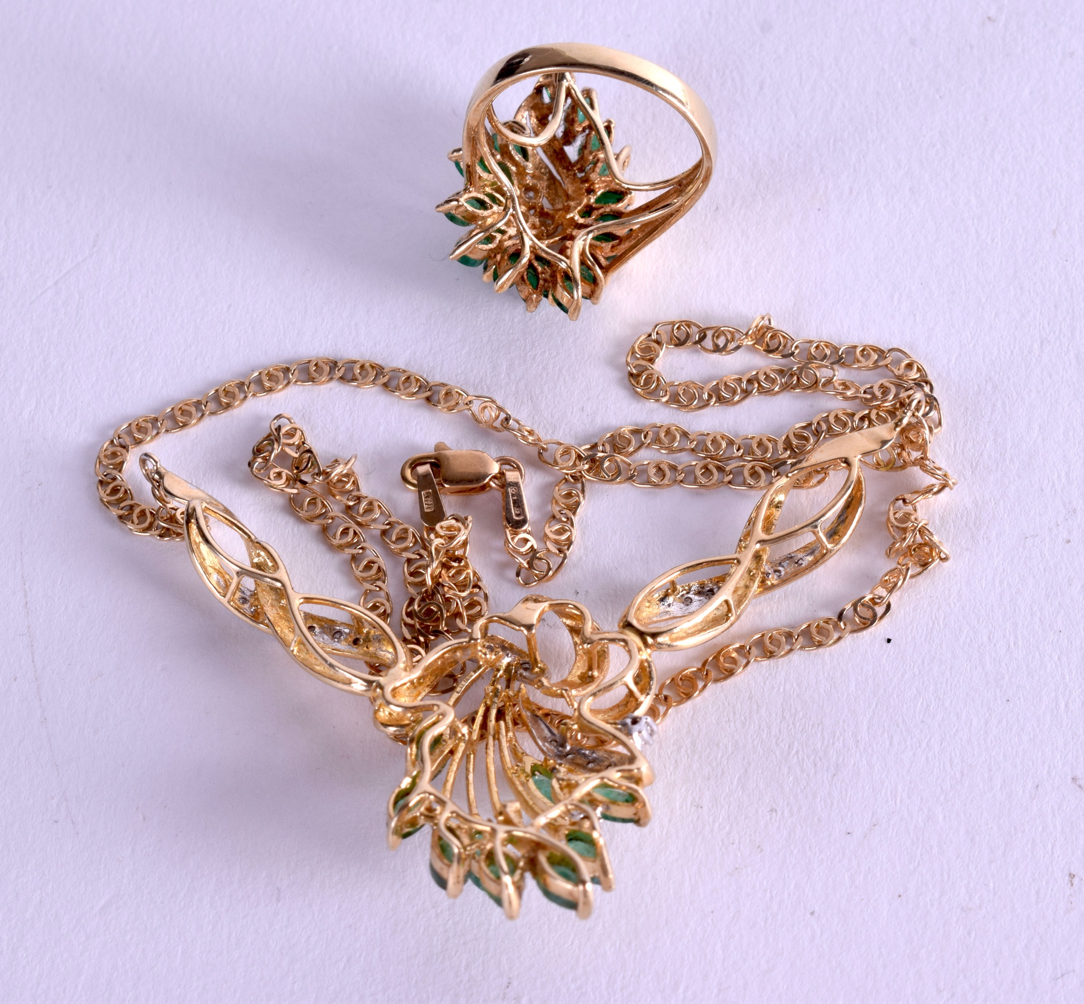 A 14CT GOLD EMERALD AND DIAMOND NECKLACE together with a matching ring. Size N. (2) - Image 2 of 2