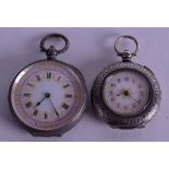 TWO SILVER AND PINK ENAMEL FOB WATCHES. 4 cm & 3.25 cm wide. (2)