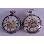 TWO PAIR CASED VERGE SILVER POCKET WATCHES. 5 cm wide. (2)