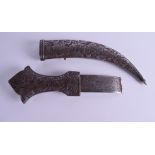 A 19TH CENTURY INDO PERSIAN SILVER INLAID DAGGER with calligraphy blade. 41 cm long.