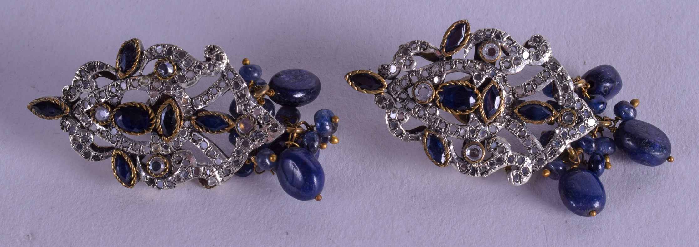 A PAIR OF SILVER GILT AND SAPPHIRE EARRINGS. 21 grams.