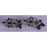 A PAIR OF SILVER GILT AND SAPPHIRE EARRINGS. 21 grams.