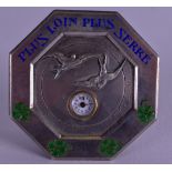 A FRENCH SILVER PLUS LOIN PLUS SERRE ENAMEL DESK CLOCK. 6.75 cm wide.