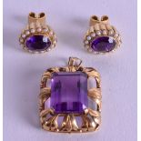 A GOOD PAIR OF 18CT GOLD AND AMETHYST EARRINGS with matching pendant. 14.9 grams. (3)