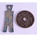 TWO UNUSUAL CHINESE COINS. 5.75 cm & 9 cm wide. (2)