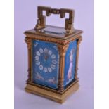 A LOVELY 19TH CENTURY FRENCH MINIATURE BRASS AND ENAMEL CARRIAGE CLOCK painted with putti within lan