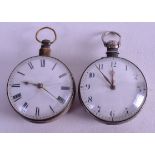 TWO PAIR CASED VERGE SILVER POCKET WATCHES. 4.5 cm wide. (2)