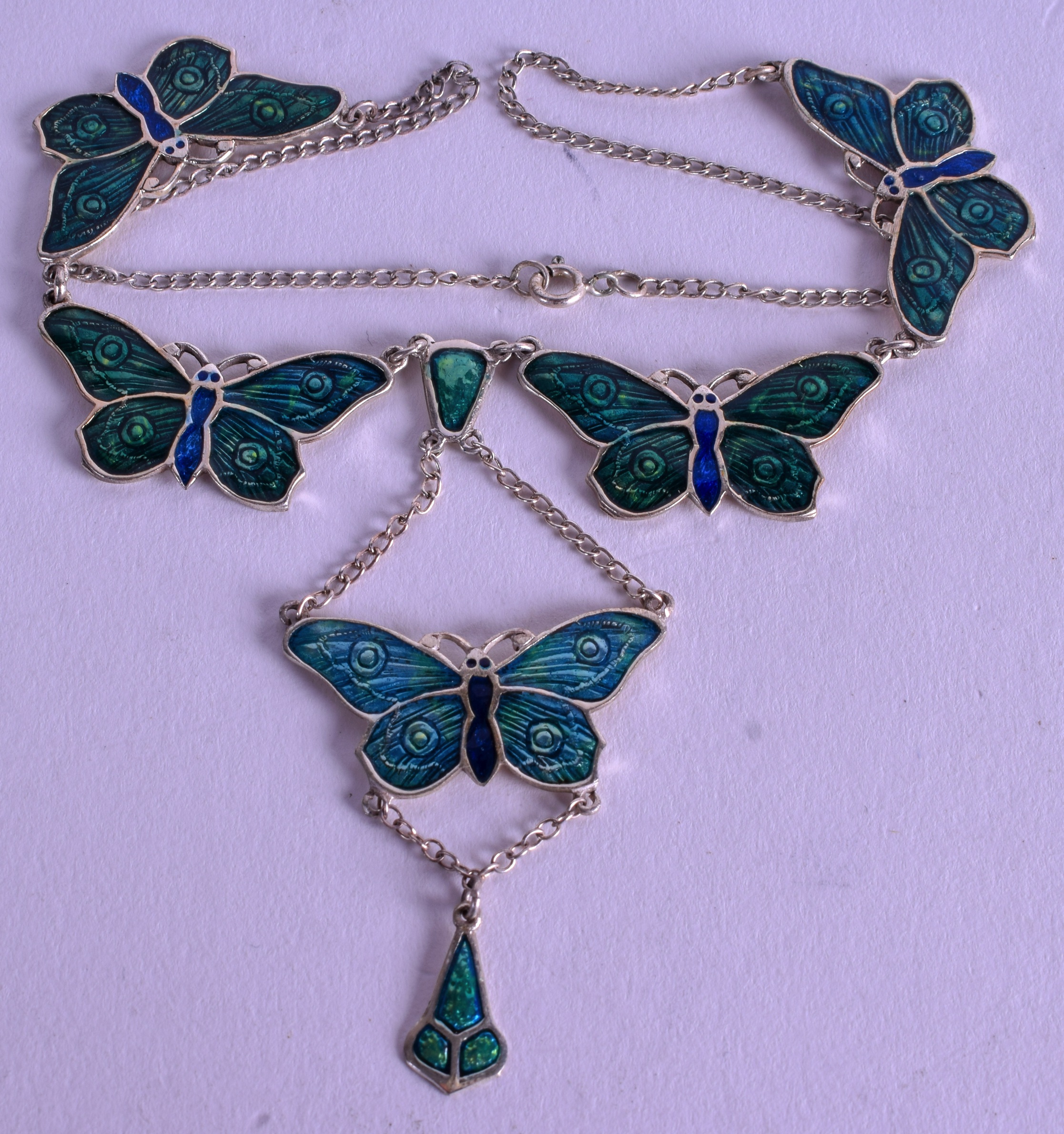 A SILVER AND ENAMEL BUTTERFLY NECKLACE. 42 cm long.
