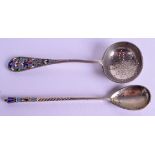 TWO LATE 19TH CENTURY RUSSIAN SILVER AND ENAMEL SPOONS. (2)