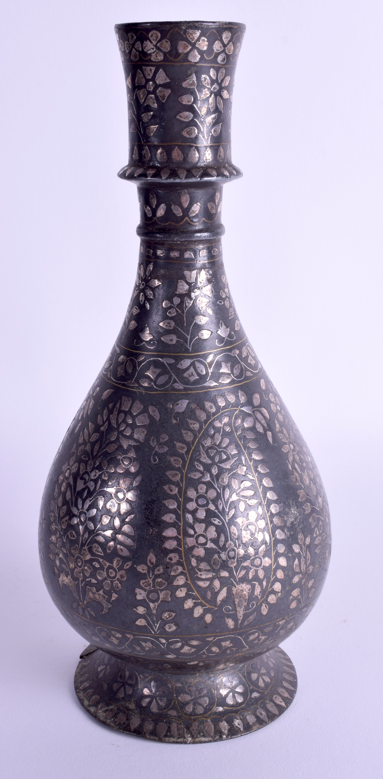 A 19TH CENTURY INDIAN SILVER INLAID BIDRI BRONZE VASE decorated with foliage. 25 cm high. - Image 2 of 3