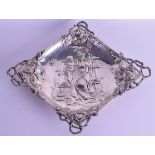 AN ART NOUVEAU CONTINENTAL SILVER SENER LOZENGE SHAPED DISH. 17.7 oz. 35 cm wide.