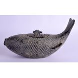 A CHINESE BRONZE FISH CENSER AND COVER. 22 cm long.